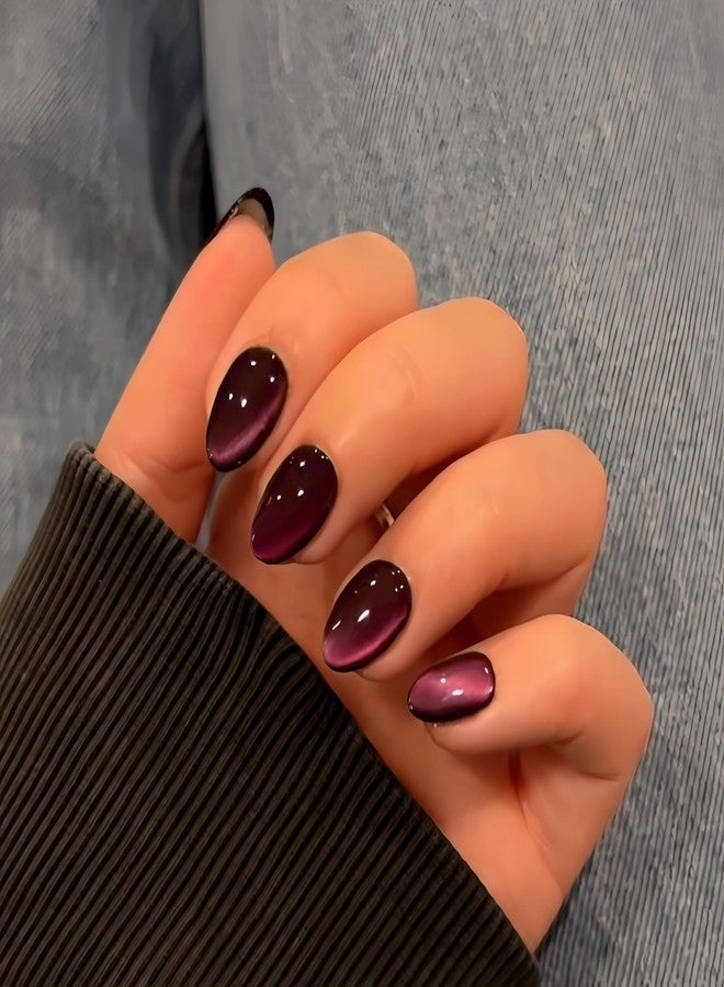 KQueenest Cat Eye Press on Nails Short Oval, 30 Pcs Dark Pink Fake Nails Extra Short Round, Sparkly Glitter Black Glue on Nails Almond, Reusable Shiny Chrome False Nails for Women Small Size - Image 1